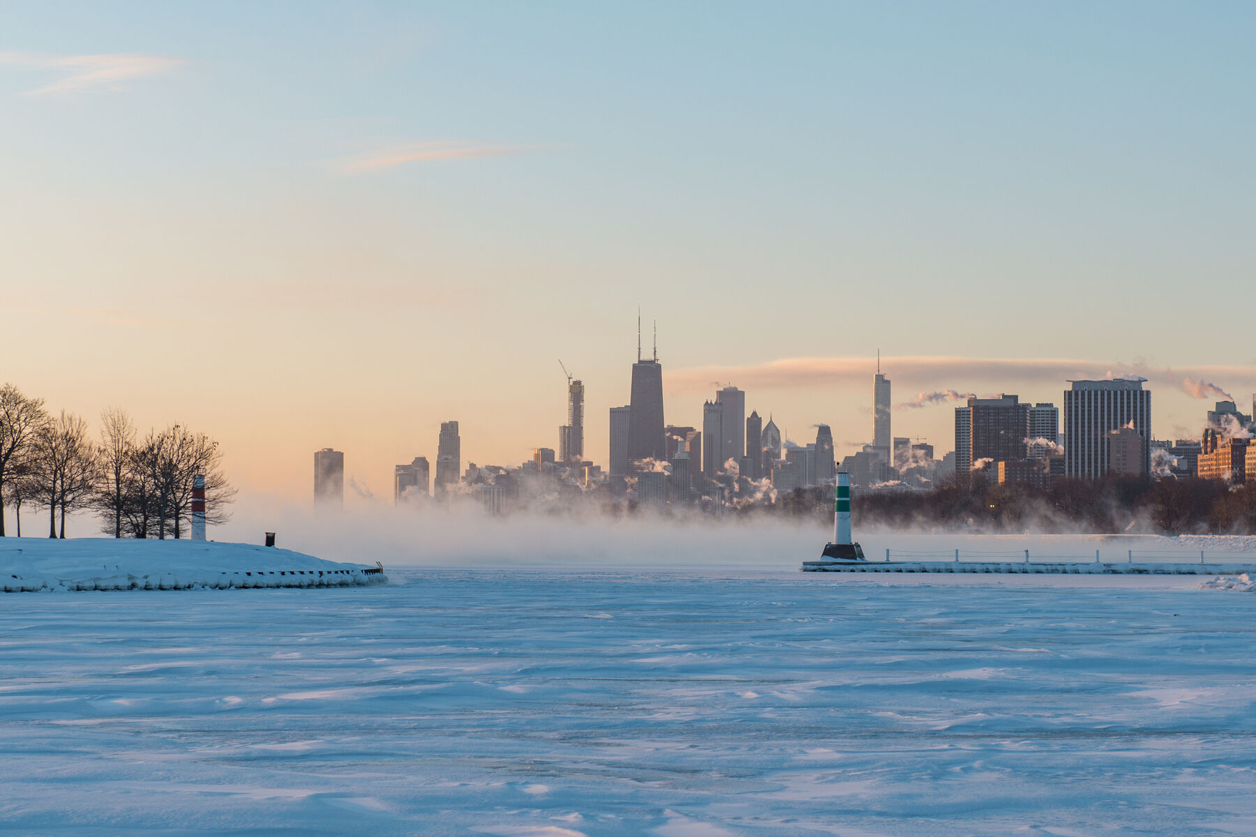 A frozen Lake Michigan and Chicago skyline during the Polar vortex climate event of 2019.